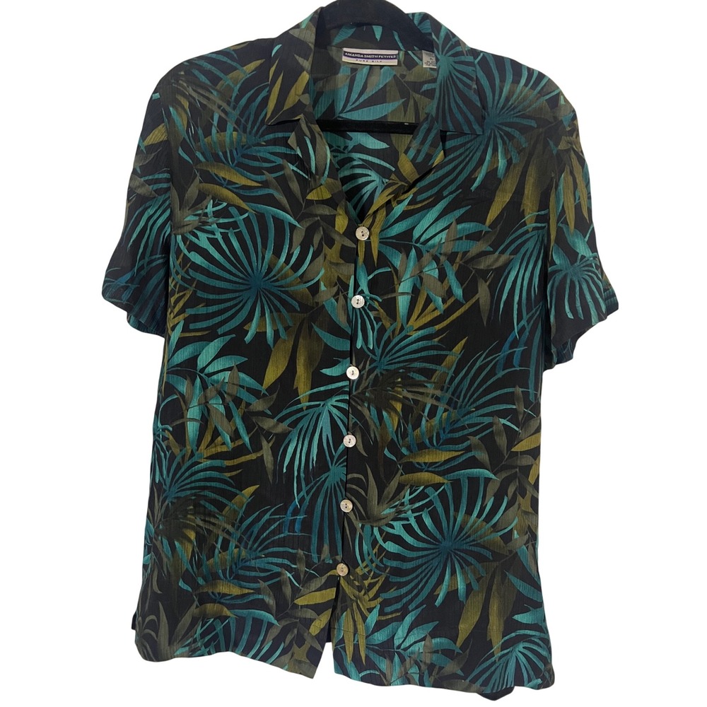 Amanda Smith Petites Silk Blouse PL Vintage Tropical Palm Print Green Black Vtg - Picture 1 of 5